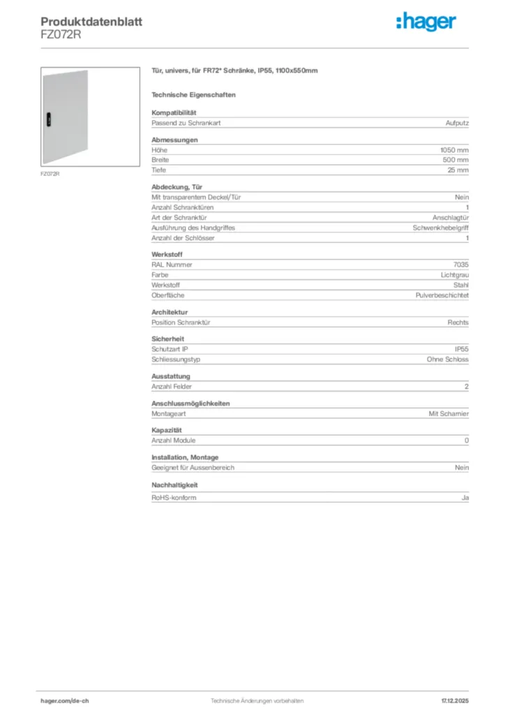 Bild Hager Produktdatenblatt FZ072R | Hager Schweiz