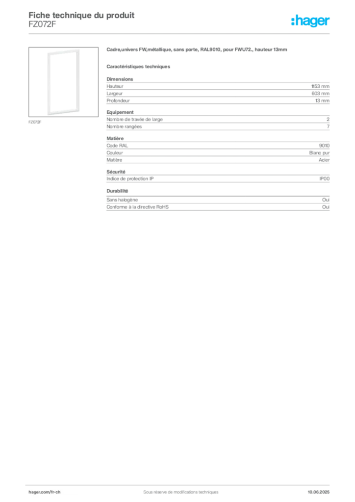 Image Hager Fiche technique du produit FZ072F | Hager Suisse
