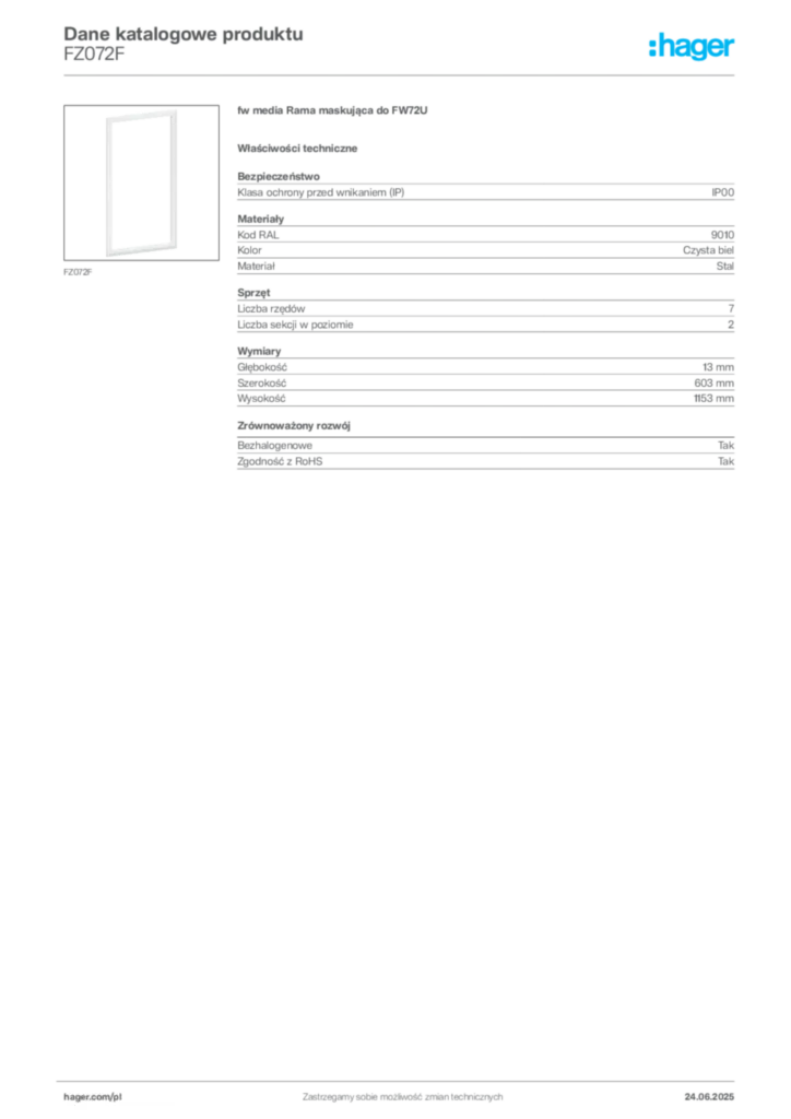 Zdjęcie Hager Karta katalogowa FZ072F | Hager Polska