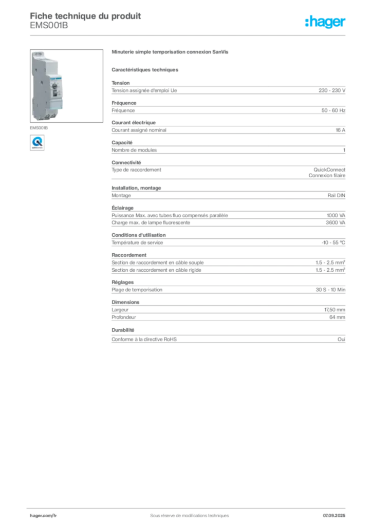 Image Hager Fiche technique du produit EMS001B | Hager France
