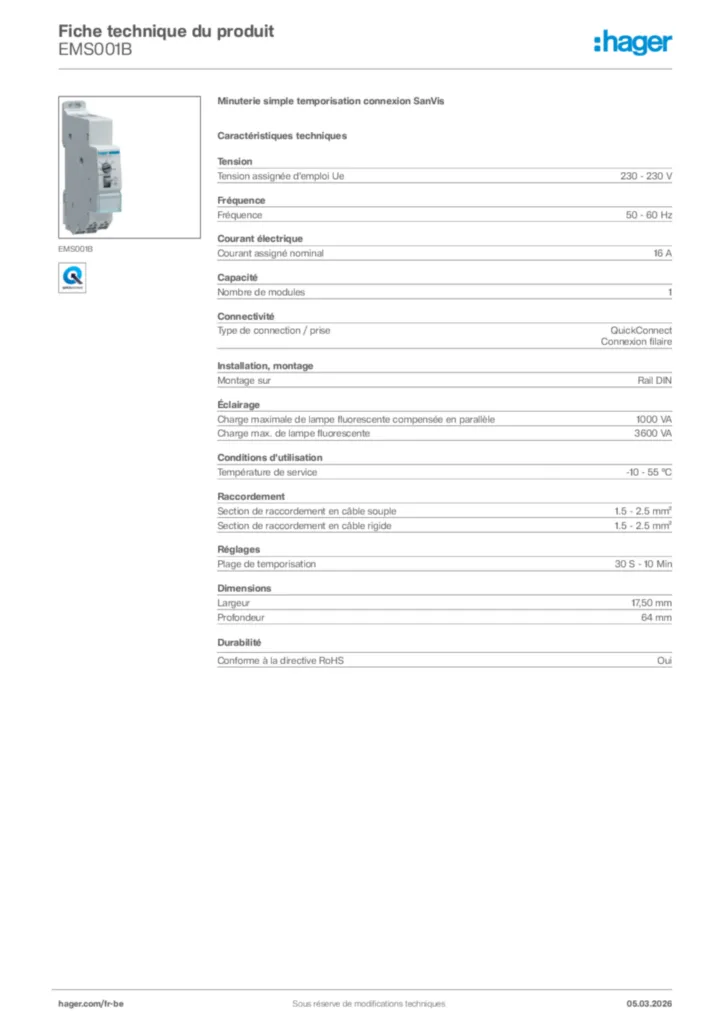 Image Hager Fiche technique du produit EMS001B | Hager Belgique