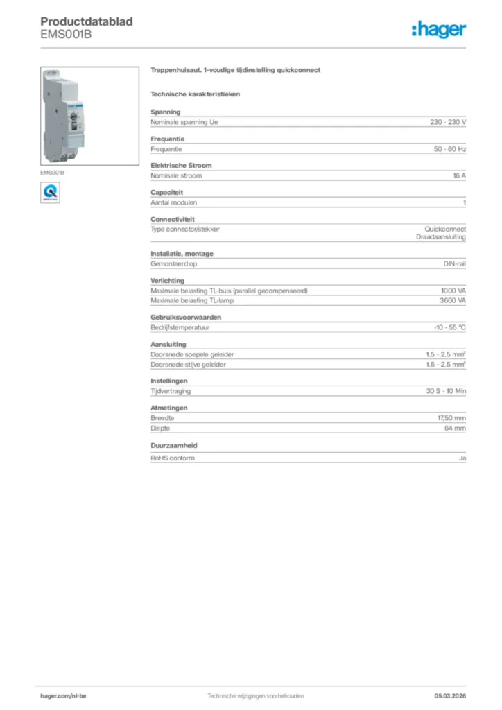 Afbeelding Hager Productdatablad EMS001B | Hager Belgium