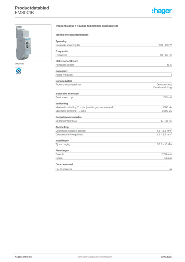 Afbeelding Hager Productdatablad EMS001B | Hager Belgium