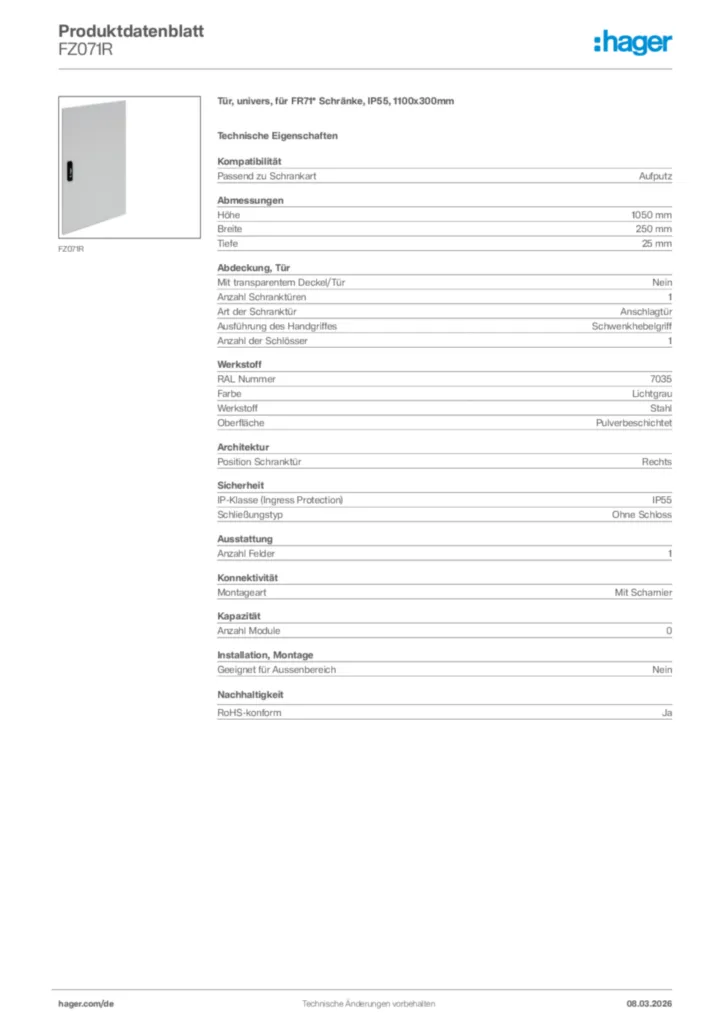 Bild Hager Produktdatenblatt FZ071R | Hager Deutschland