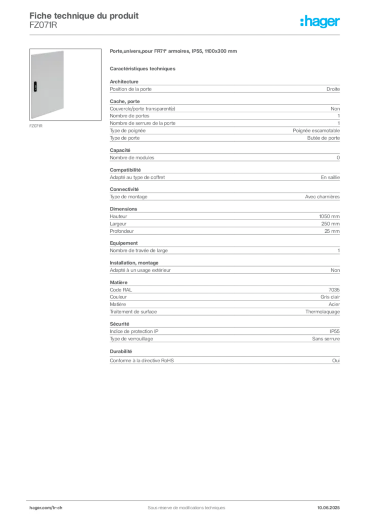 Image Hager Fiche technique du produit FZ071R | Hager Suisse