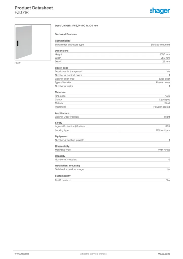 Image Hager Product data sheet FZ071R  | Hager