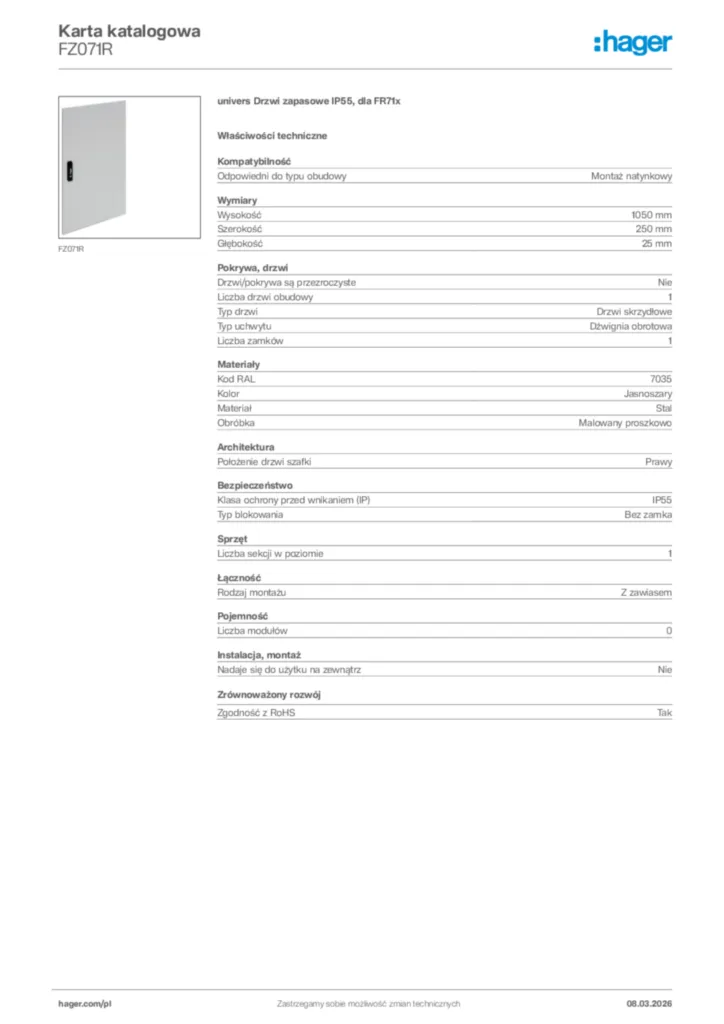 Zdjęcie Hager Karta katalogowa FZ071R | Hager Polska