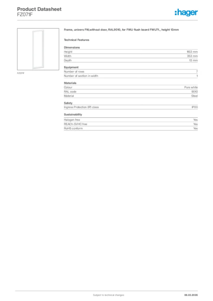 Image Hager Product data sheet FZ071F  | Hager Africa