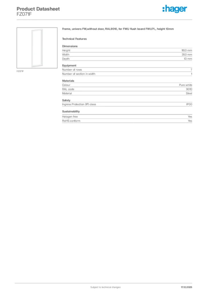 Image Hager Product data sheet FZ071F  | Hager Africa