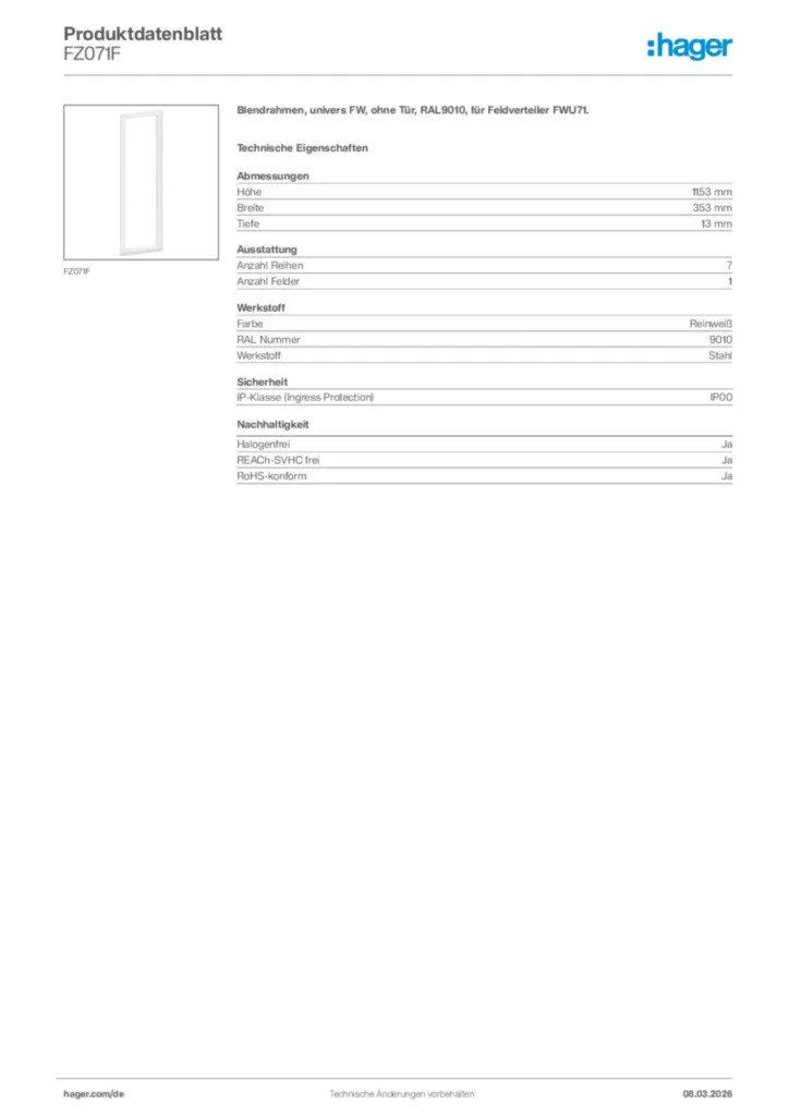 Bild Hager Produktdatenblatt FZ071F | Hager Deutschland