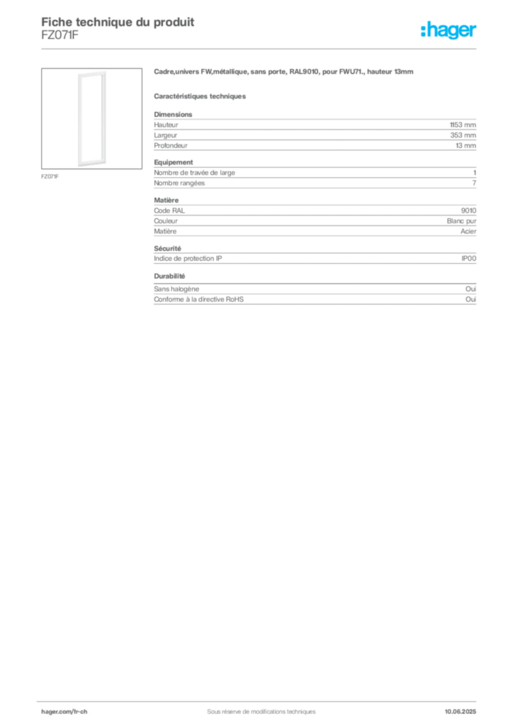 Image Hager Fiche technique du produit FZ071F | Hager Suisse