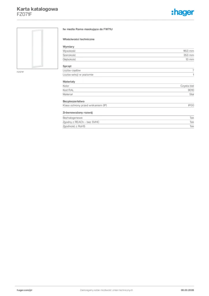 Zdjęcie Hager Karta katalogowa FZ071F | Hager Polska