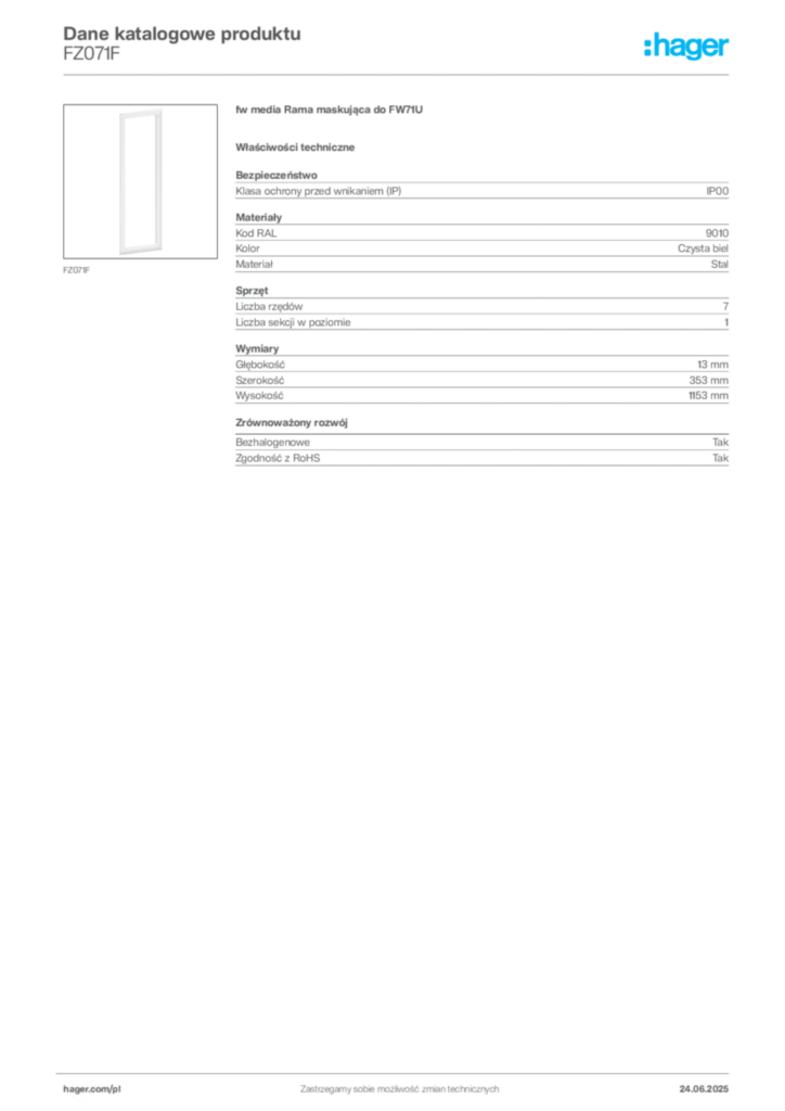 Zdjęcie Hager Karta katalogowa FZ071F | Hager Polska