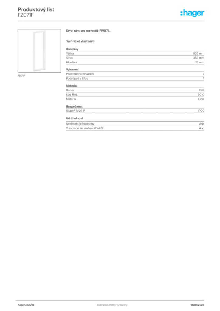 Obrázek Hager Produktový list FZ071F | Hager