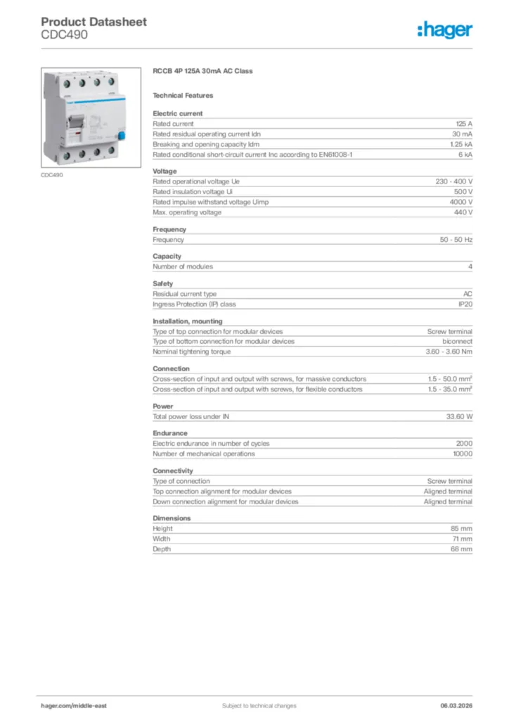 Image Hager Product data sheet CDC490  | Hager