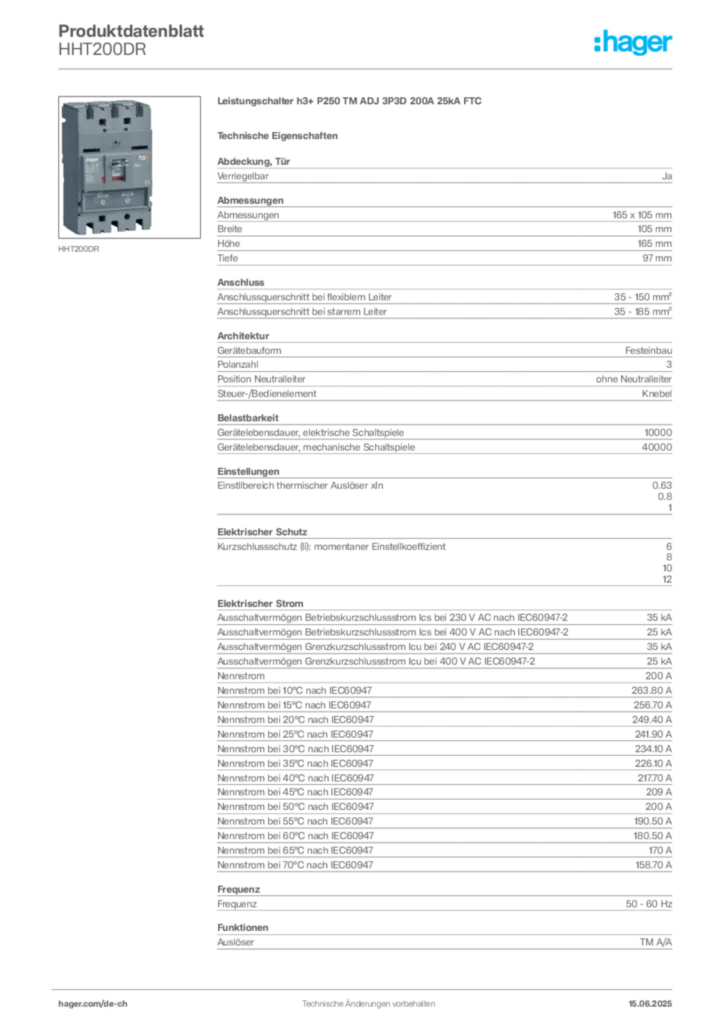Bild Hager Produktdatenblatt HHT200DR | Hager Schweiz