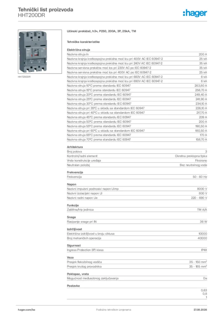 Slika Hager Tehnički list proizvoda HHT200DR  | Hager