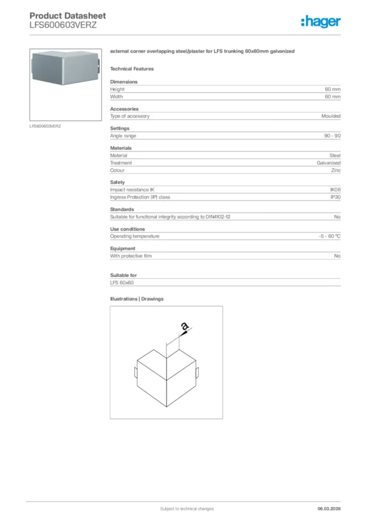 Image Hager Product data sheet LFS600603VERZ  | Hager Africa