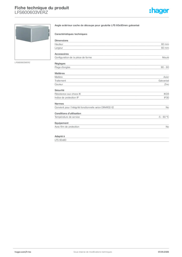 Image Hager Fiche technique du produit LFS600603VERZ | Hager Belgique