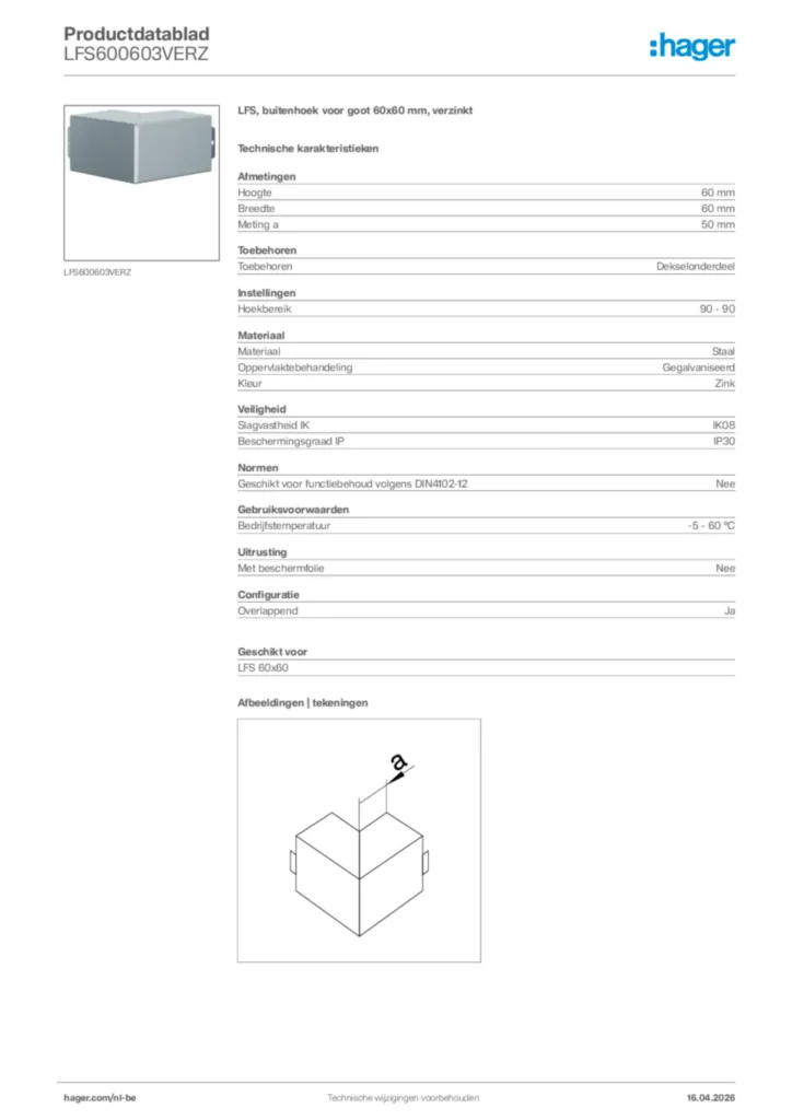 Afbeelding Hager Productdatablad LFS600603VERZ | Hager Belgium