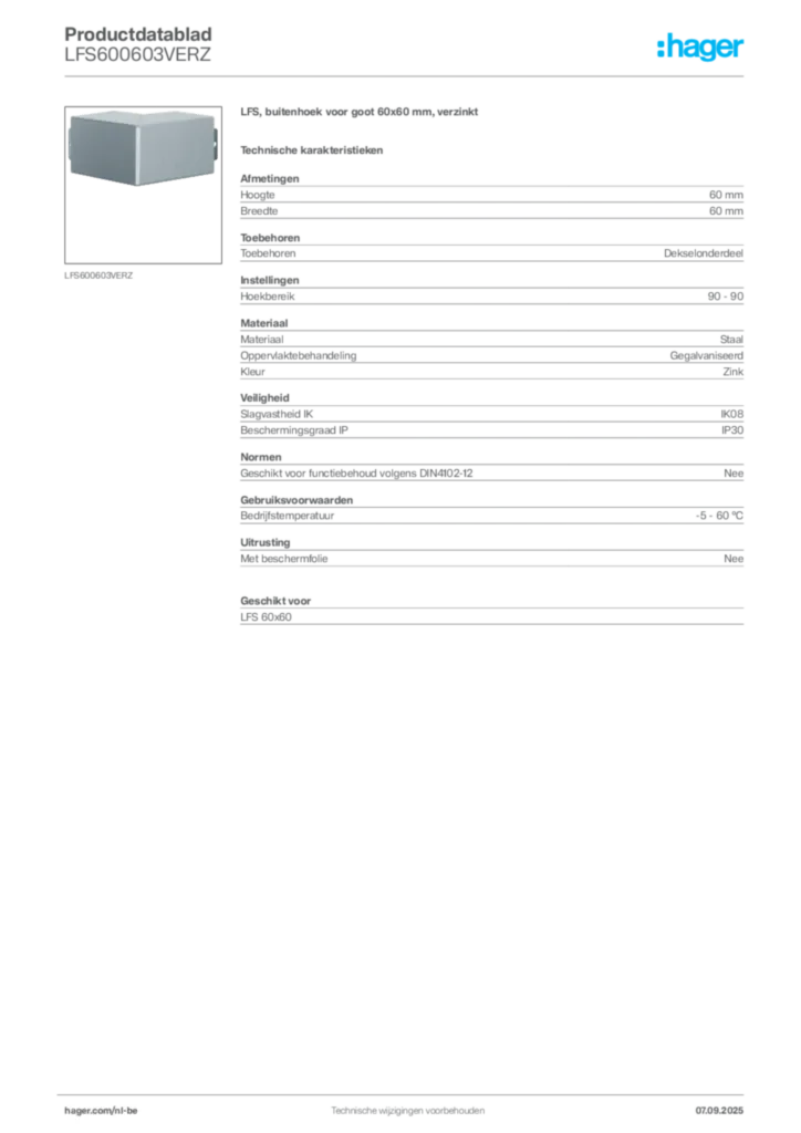 Afbeelding Hager Productdatablad LFS600603VERZ | Hager Belgium