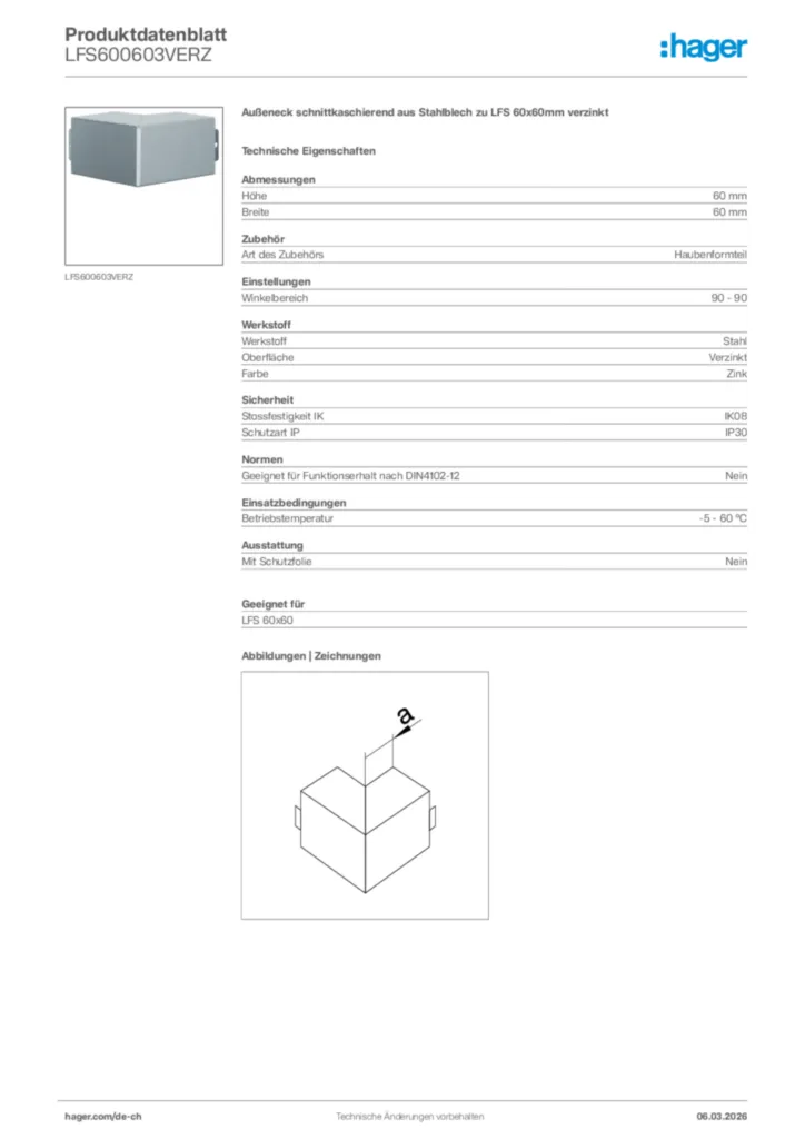 Bild Hager Produktdatenblatt LFS600603VERZ | Hager Schweiz