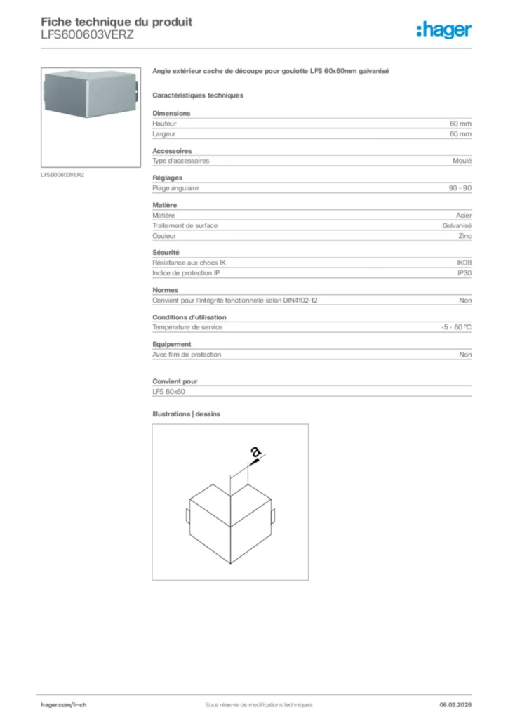 Image Hager Fiche technique du produit LFS600603VERZ | Hager Suisse