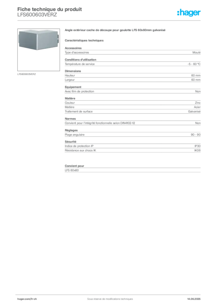 Image Hager Fiche technique du produit LFS600603VERZ | Hager Suisse