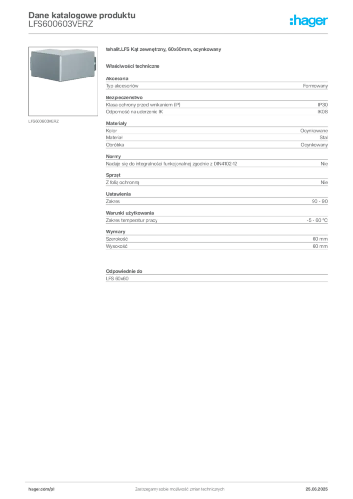 Zdjęcie Hager Karta katalogowa LFS600603VERZ | Hager Polska