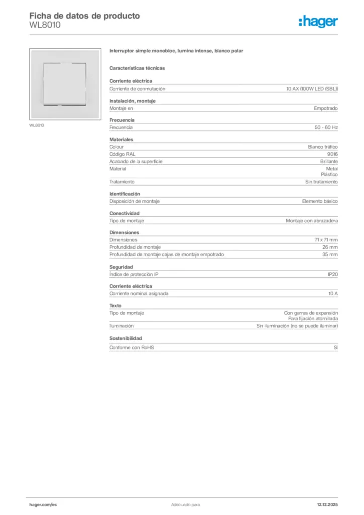 Imagen Hager Ficha de datos de producto WL8010 | Hager España
