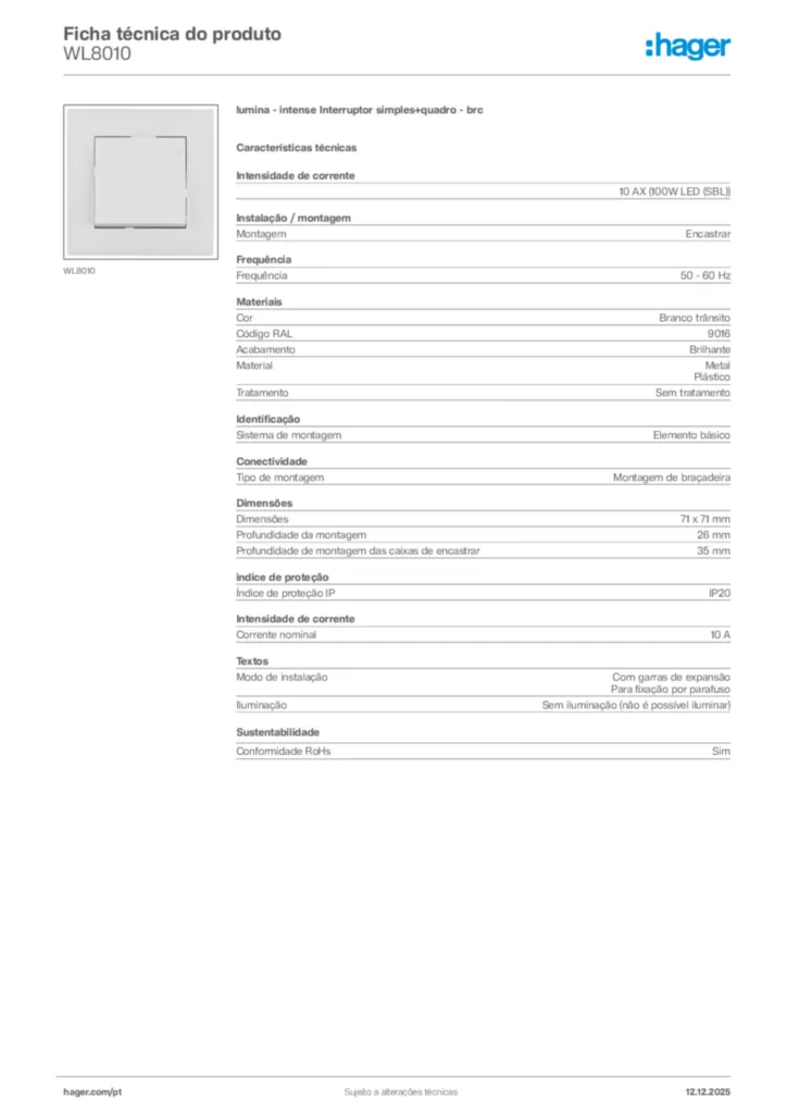 Imagem Hager Ficha técnica do produto WL8010 | Hager Portugal