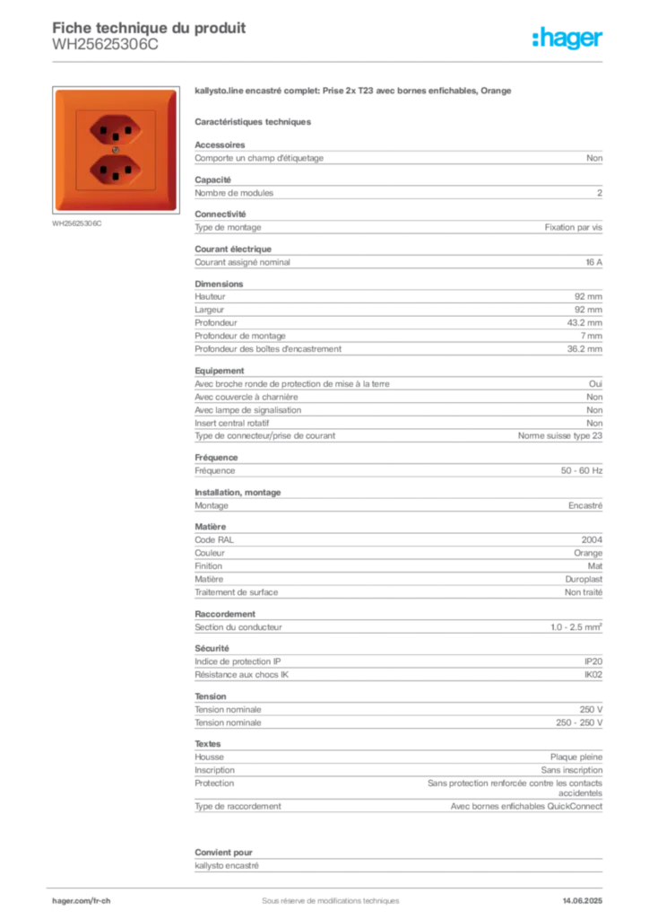 Image Hager Fiche technique du produit WH25625306C | Hager Suisse