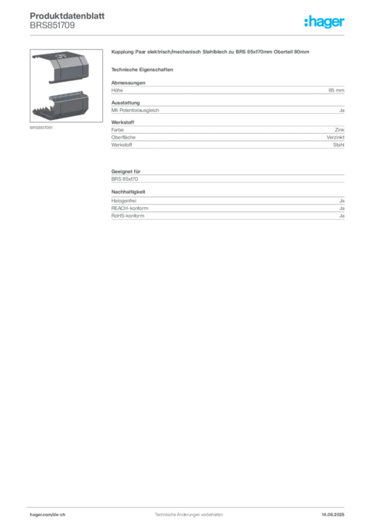 Bild Hager Produktdatenblatt BRS851709 | Hager Schweiz