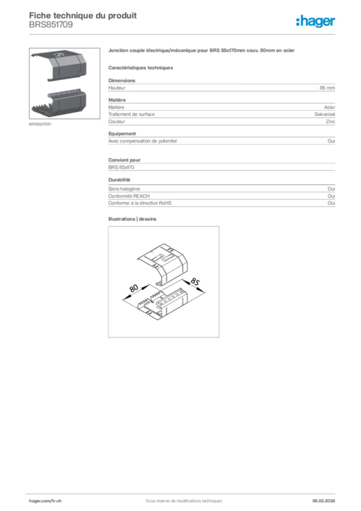 Image Hager Fiche technique du produit BRS851709 | Hager Suisse