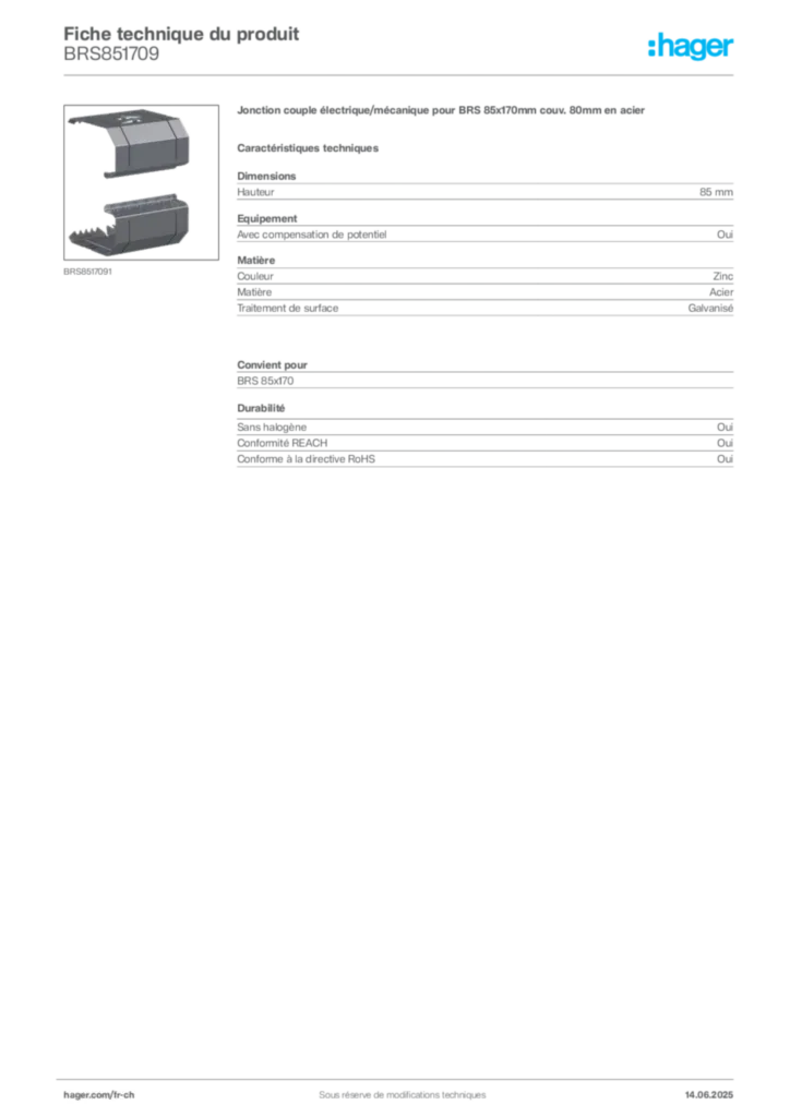 Image Hager Fiche technique du produit BRS851709 | Hager Suisse