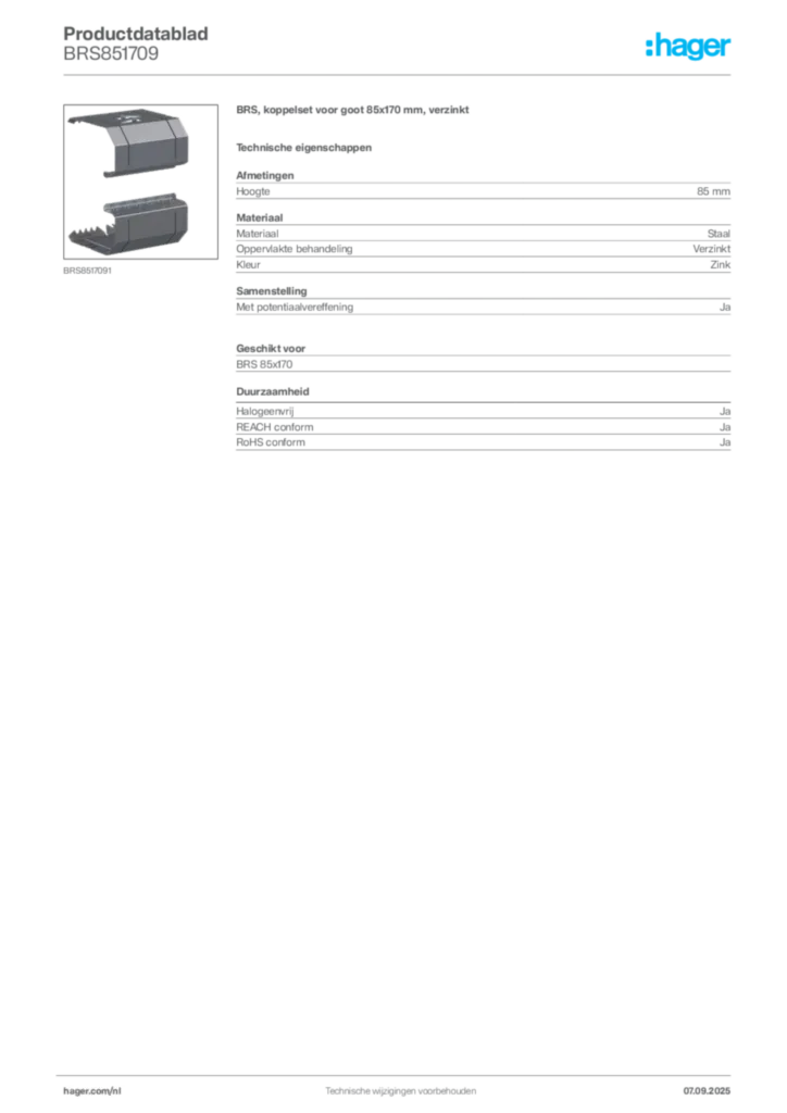 Afbeelding Hager Productdatablad BRS851709 | Hager Nederland