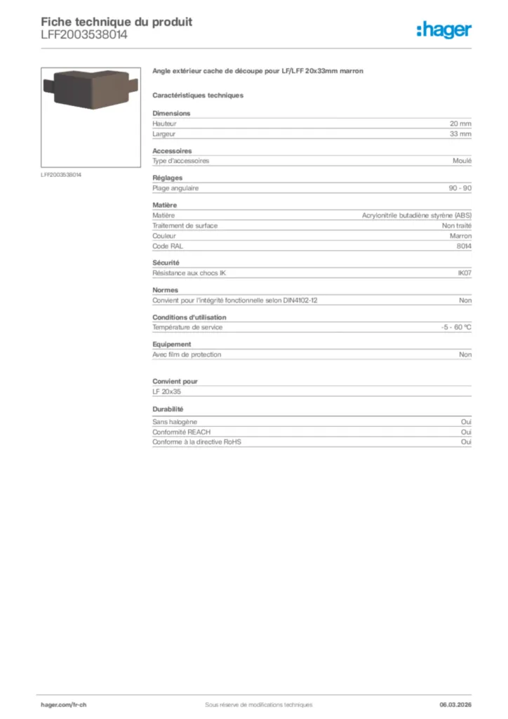 Image Hager Fiche technique du produit LFF2003538014 | Hager Suisse