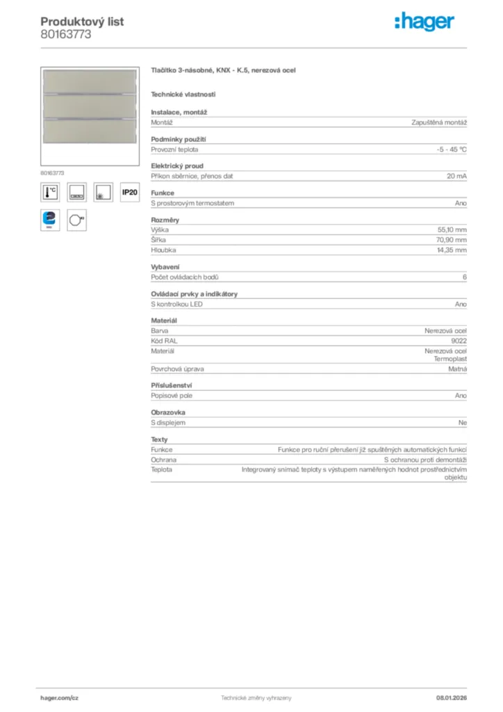 Obrázek Hager Product data sheet 80163773 | Hager