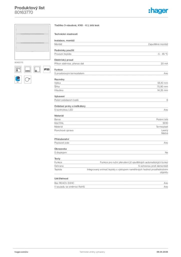 Obrázek Hager Product data sheet 80163770 | Hager