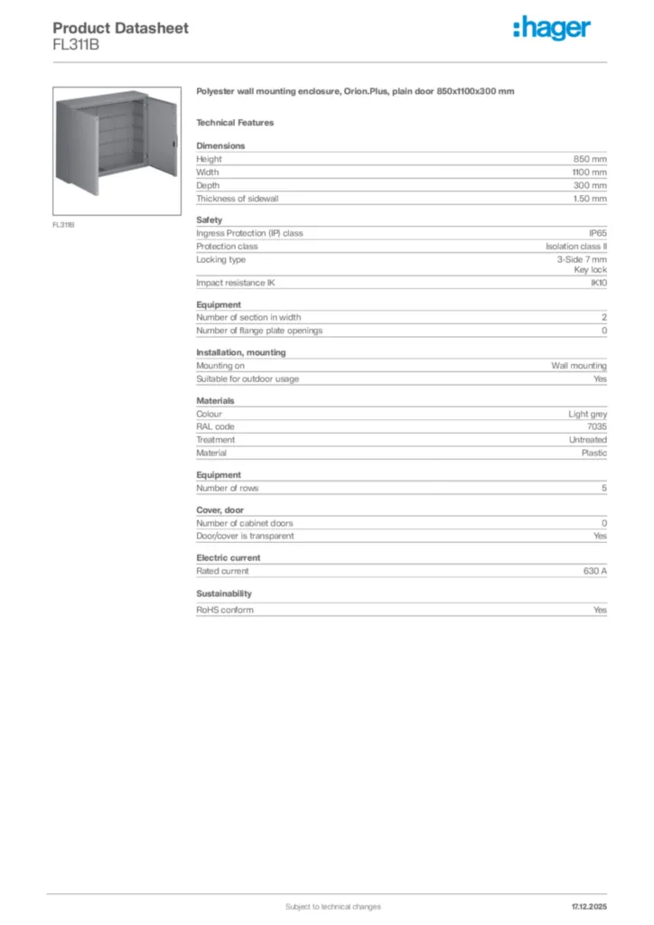 Image Hager Product data sheet FL311B  | Hager Africa