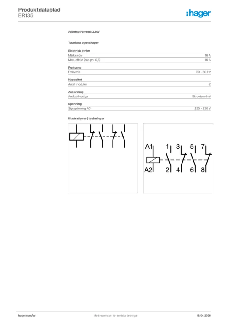 Bild Hager Produktdatablad ER135 | Hager Sverige