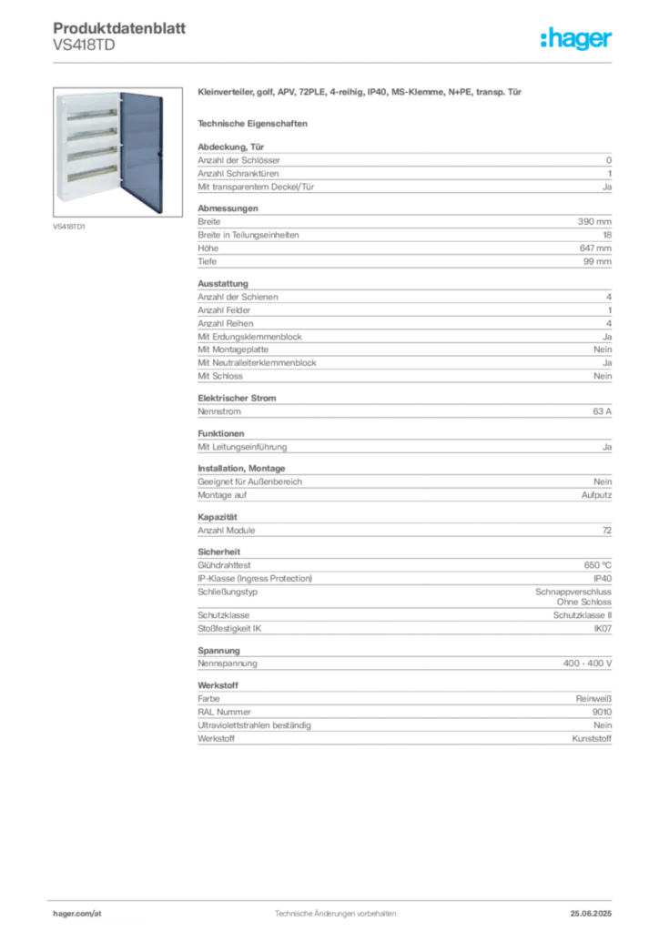 Bild Hager Produktdatenblatt VS418TD | Hager Deutschland