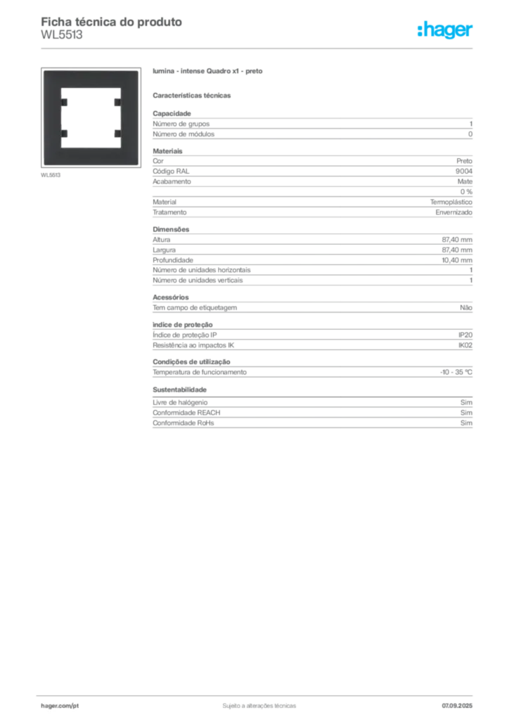 Imagem Hager Ficha técnica do produto WL5513 | Hager Portugal
