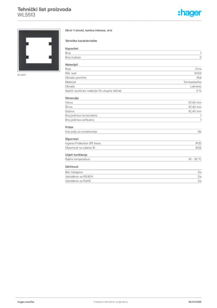 Slika Hager Product data sheet WL5513  | Hager