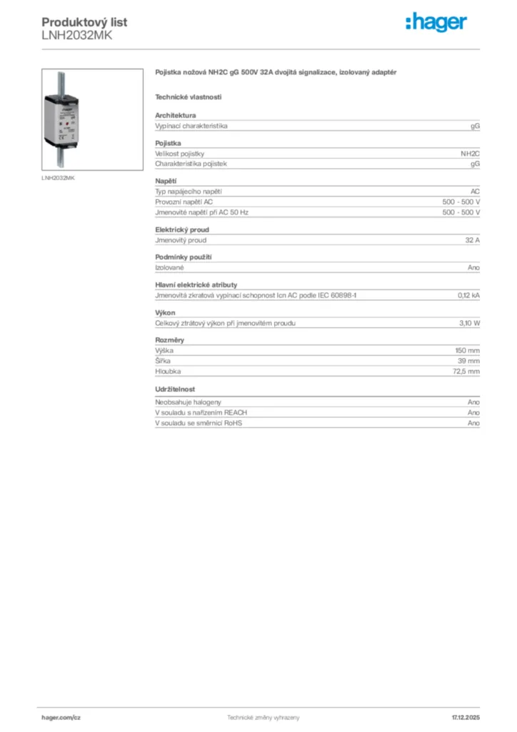 Obrázek Hager Produktový list LNH2032MK | Hager
