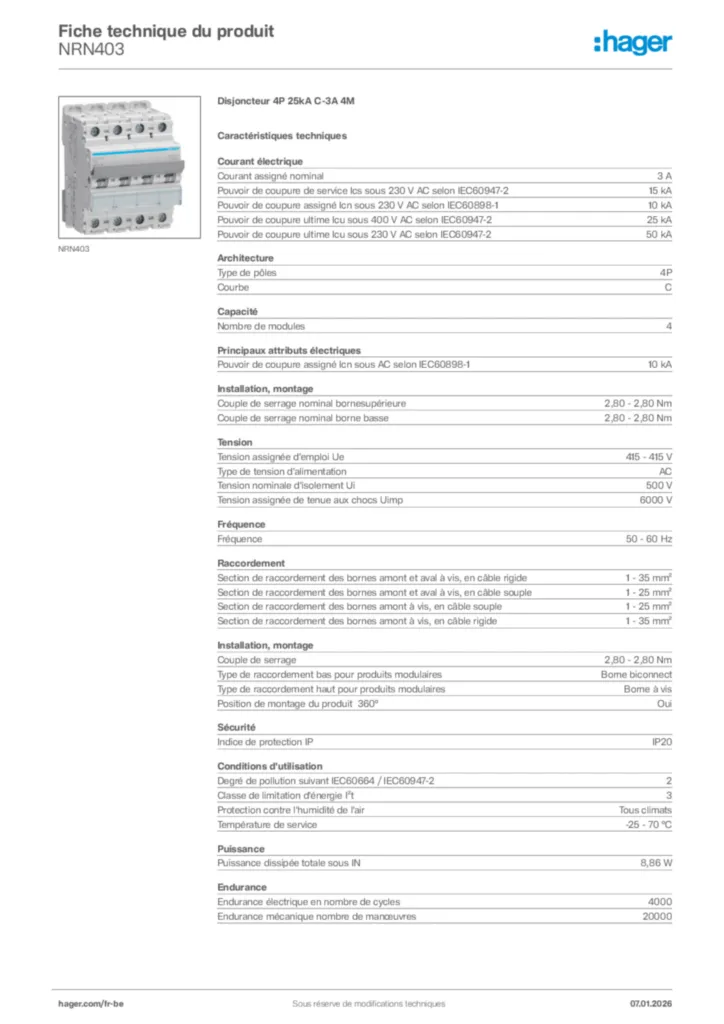 Image Hager Fiche technique du produit NRN403 | Hager Belgique