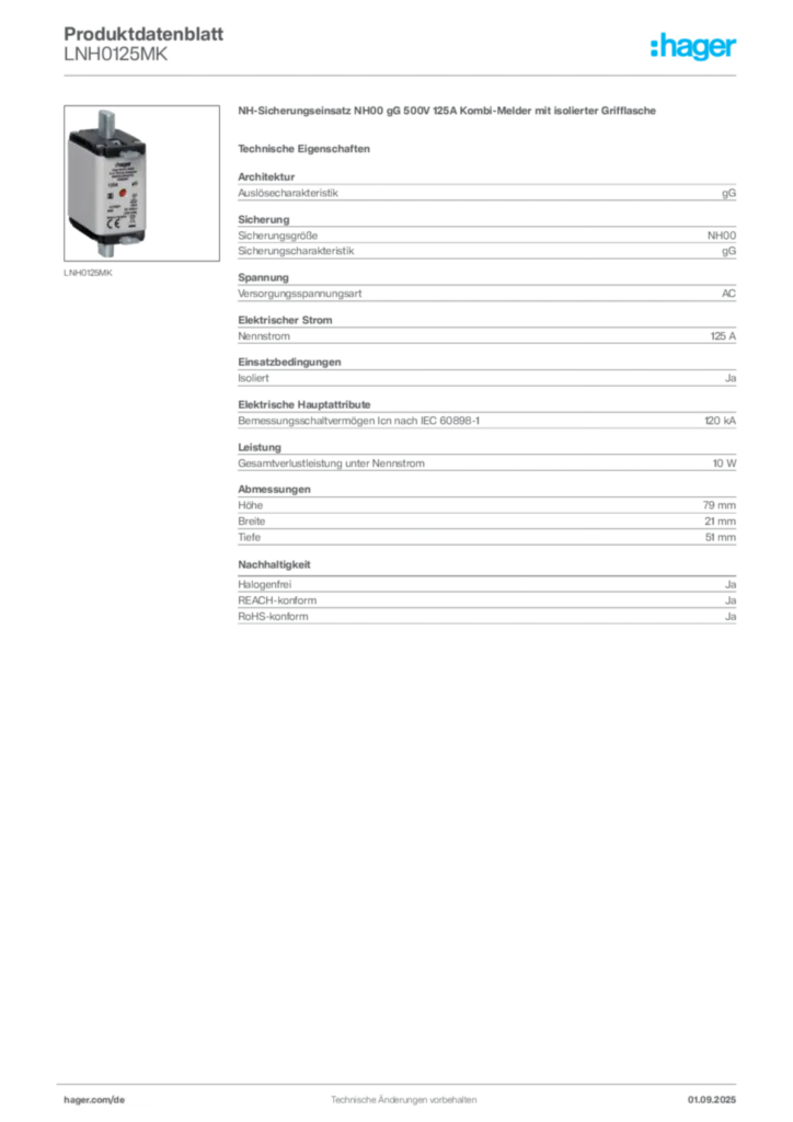Hager Produktdatenblatt LNH0125MK