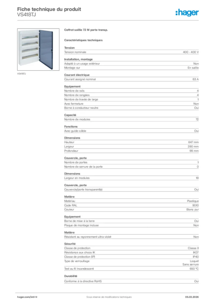 Image Hager Fiche technique du produit VS418TJ | Hager Afrique