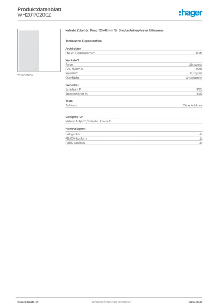 Bild Hager Produktdatenblatt WH20170200Z | Hager Schweiz