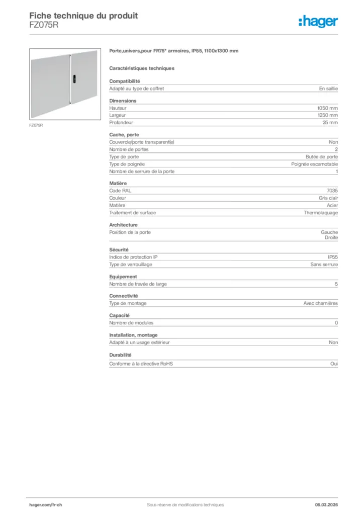 Image Hager Fiche technique du produit FZ075R | Hager Suisse